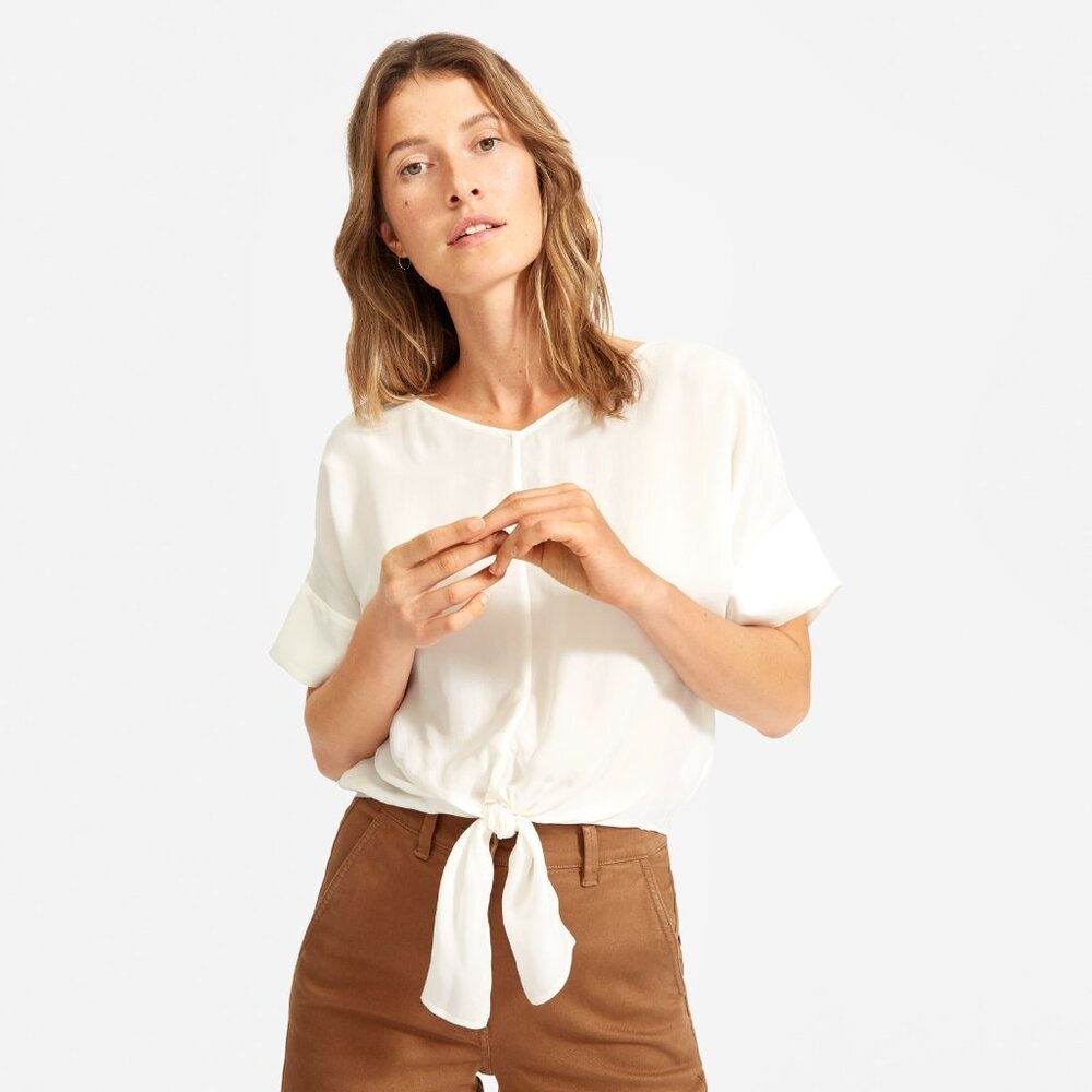 Everlane The Cupro Tie-Front Top  White Base - Size 8